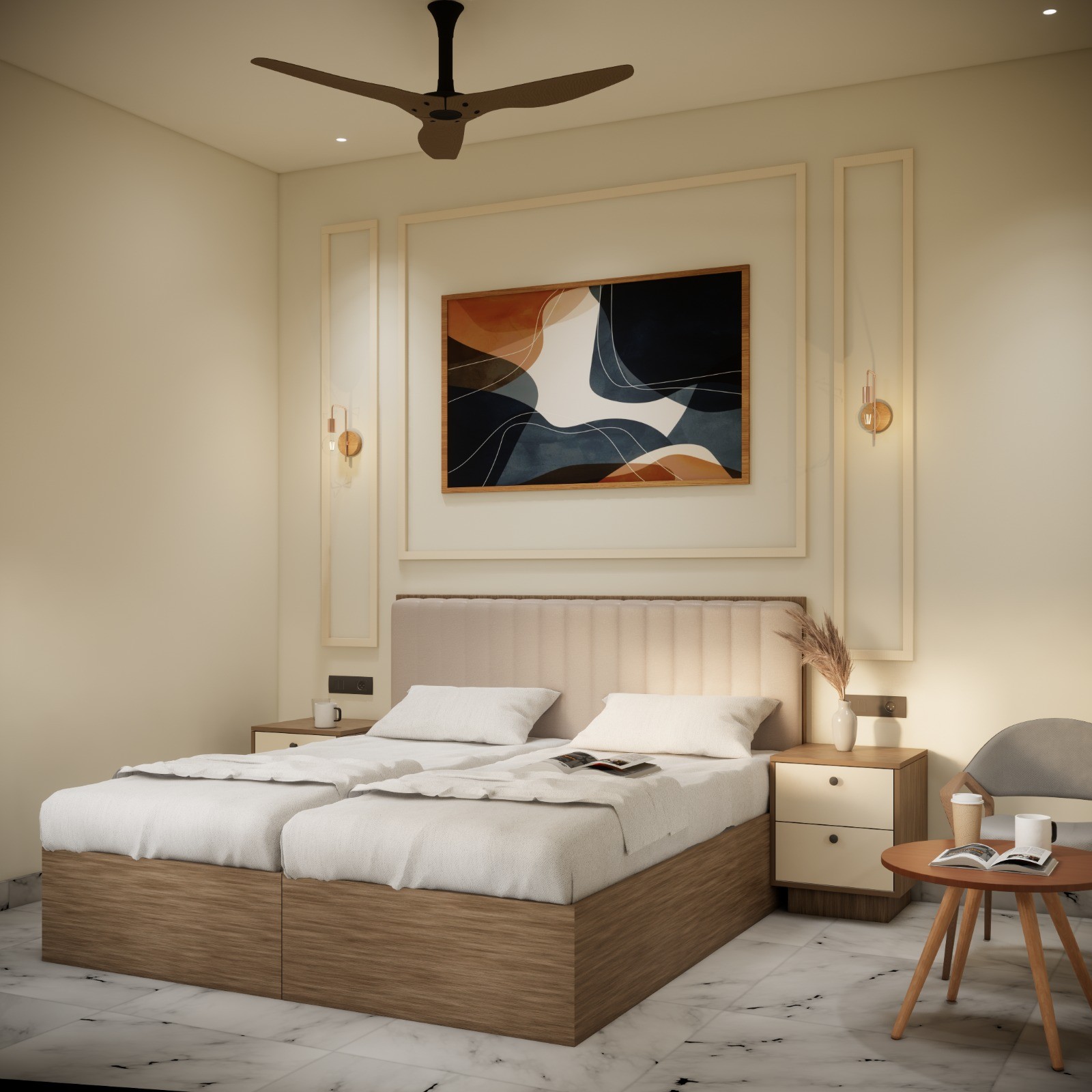 Elegant twin bedroom with warm lighting