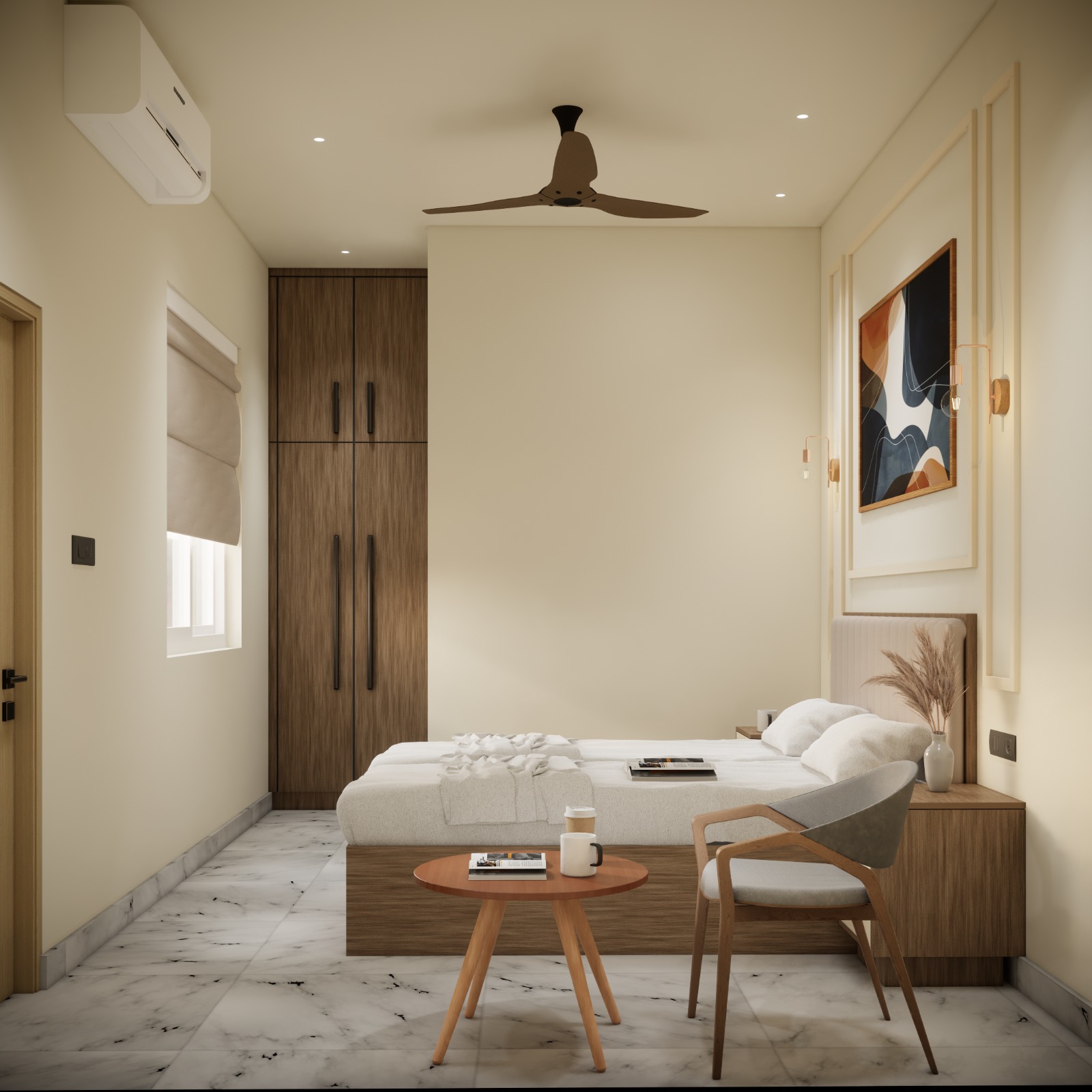 Cosy single room with wardrobe and reading chair