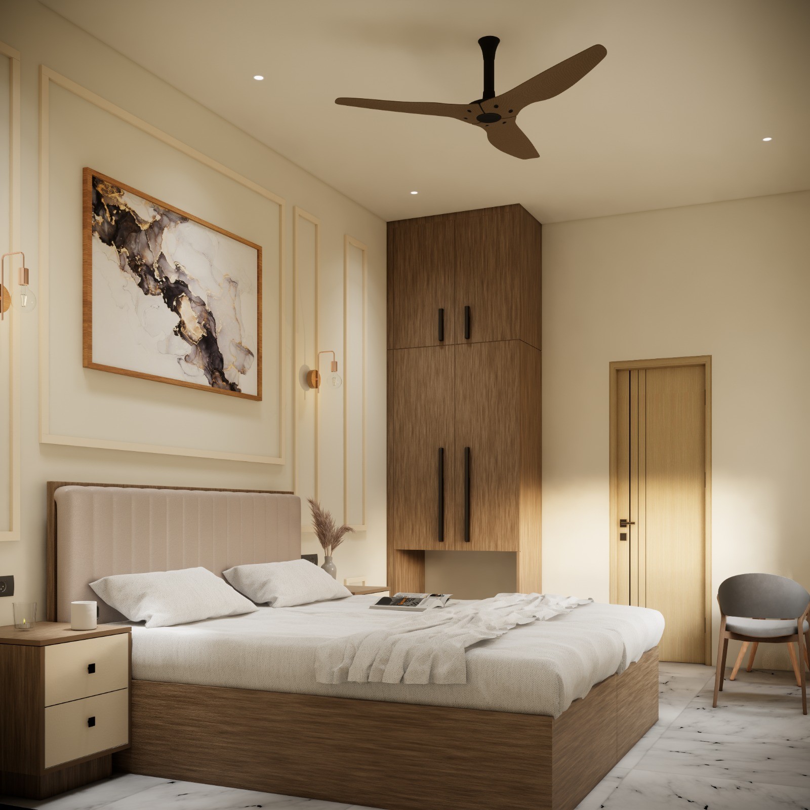 Single bed room with marble floor