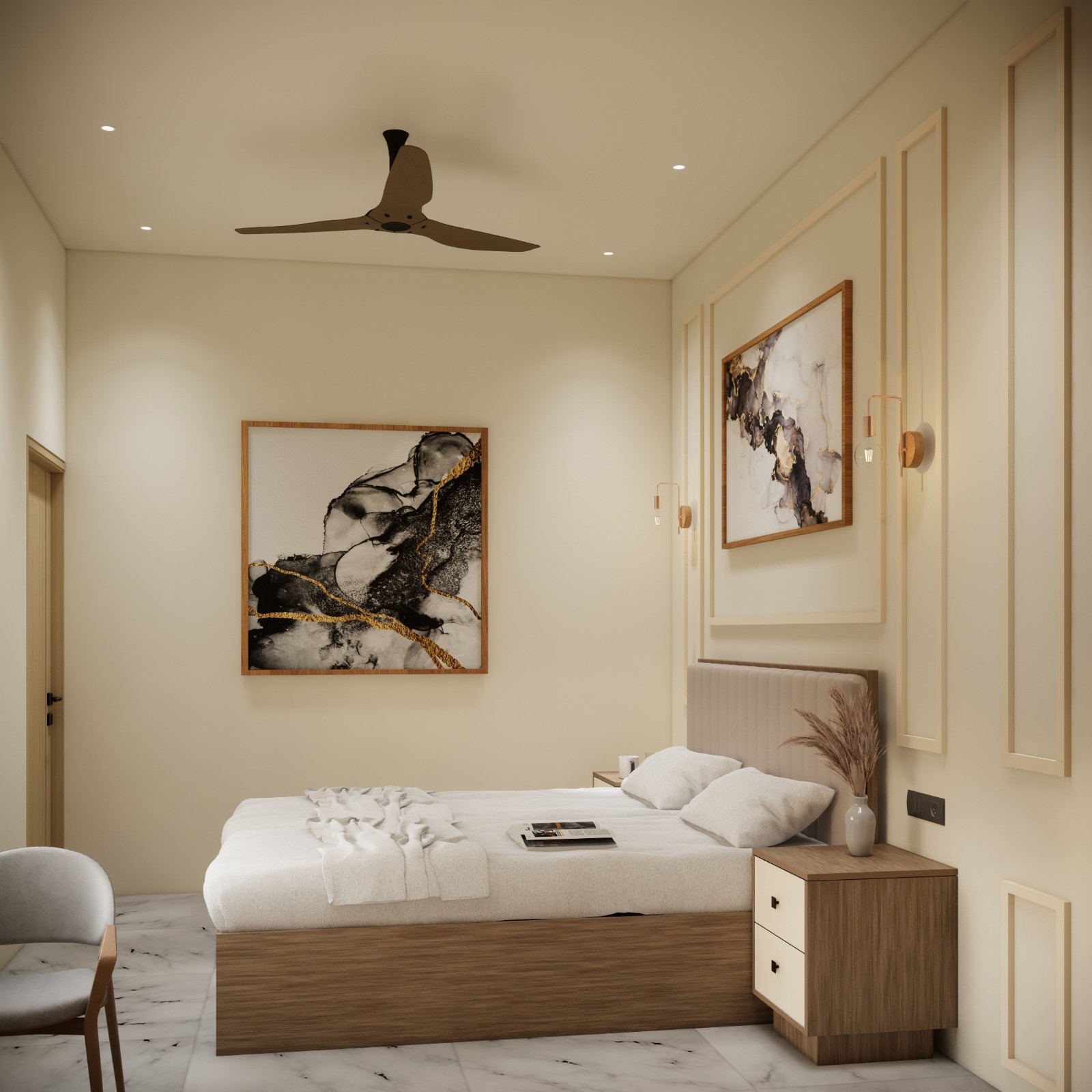 Bedroom with dramatic artwork wall