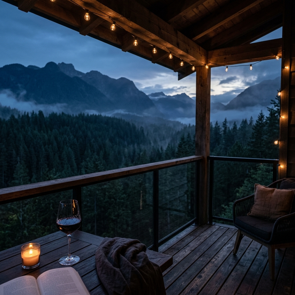 Balcony view of misty mountains at twilight